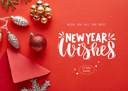 New Year Greetings with Baubles In Red Postcard Design Template