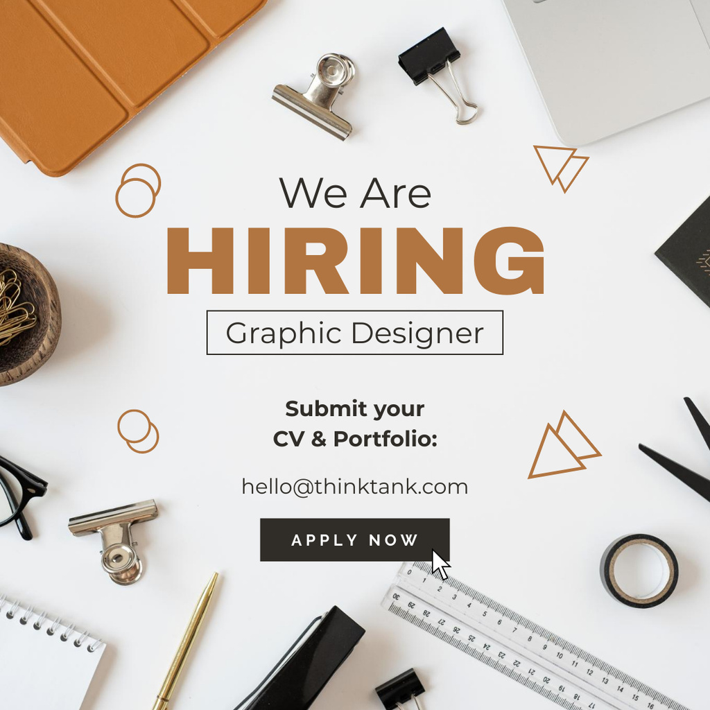 Graphic Designer Hiring Announcement with Stationery on Table Instagramデザインテンプレート