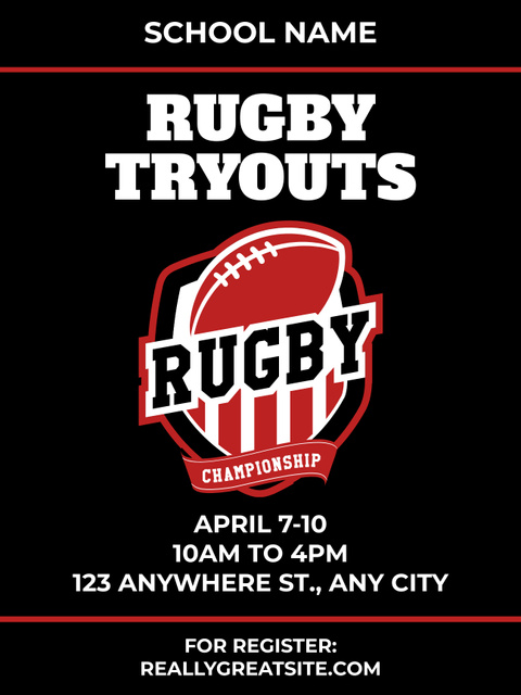 Rugby Tryouts Advertisement on Black Poster US Design Template