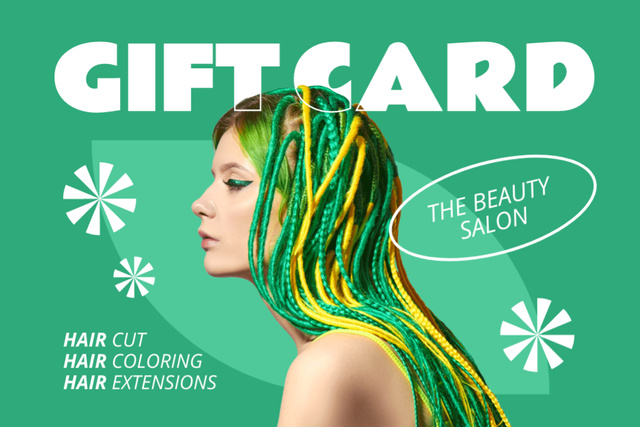 Beauty Studio Ad with Young Woman with Yellow Green Dreadlocks Gift Certificate Modelo de Design