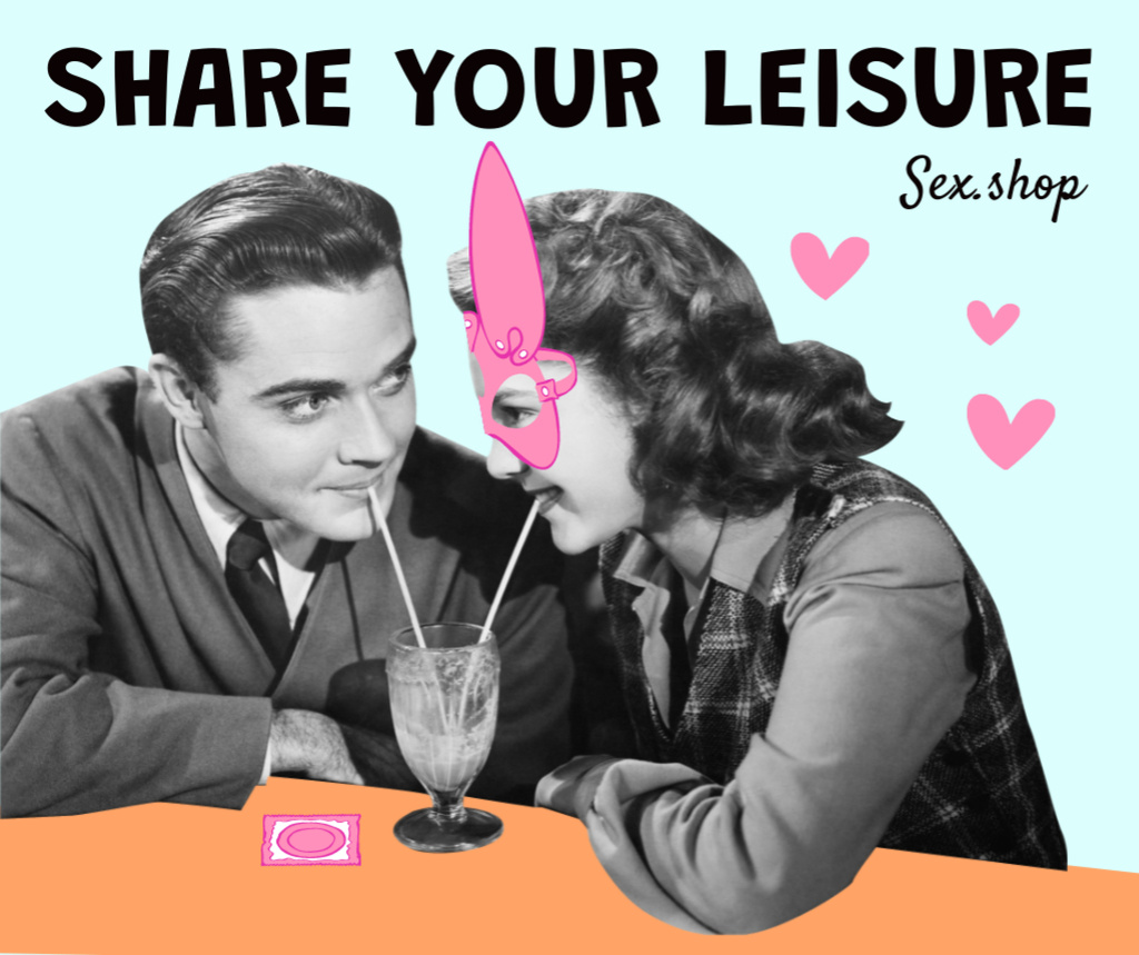 Sex Shop Offer with Couple drinking from One Glass Facebook Šablona návrhu