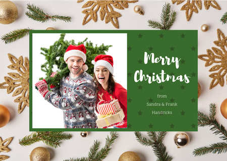 Designvorlage Merry Christmas Greeting with Couple with Fir Tree für Postcard