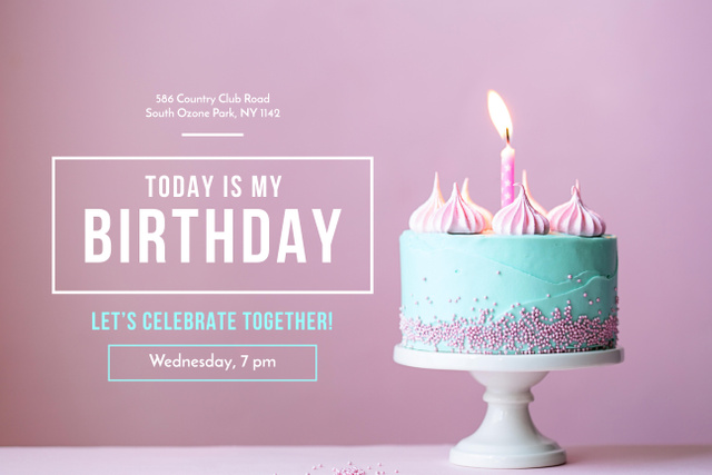 Birthday Party Announcement with Sweet Festive Cake on Pink Poster 24x36in Horizontal Design Template