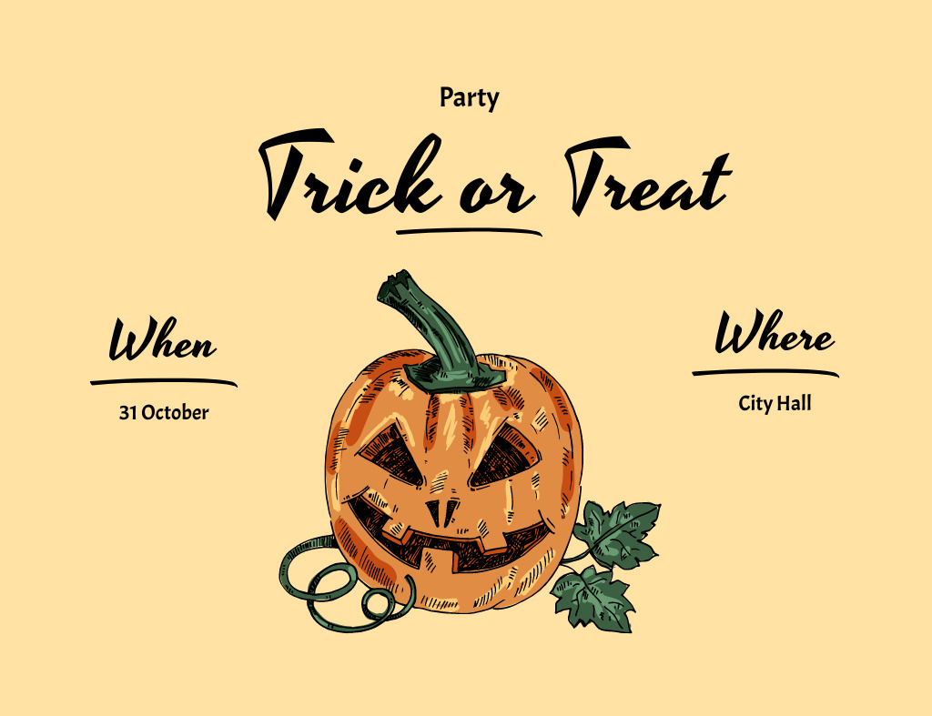 Modèle de visuel Halloween Party Announcement With Pumpkin - Invitation 13.9x10.7cm Horizontal