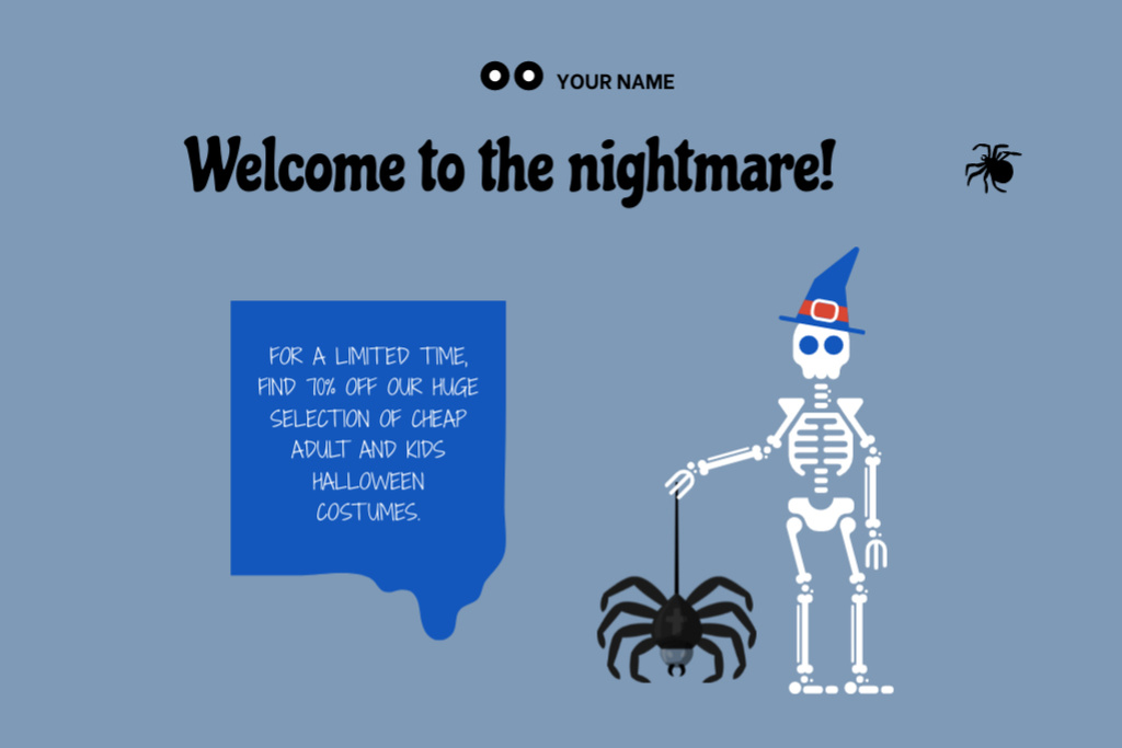 Funny Skeleton with Spider on Halloween in Blue Flyer 4x6in Horizontal Design Template