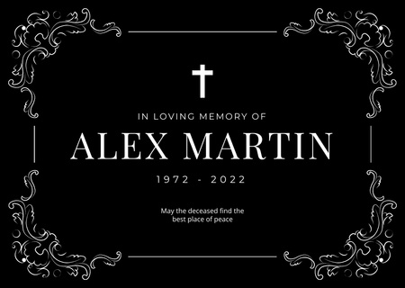 Cartão memorial de funeral com moldura vintage e cruz Card Modelo de Design