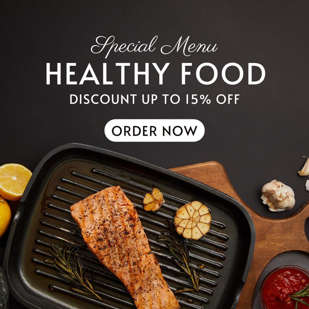 Healthy Food Special Menu Offer with Salmon on Baking Sheet Instagram Modelo de Design