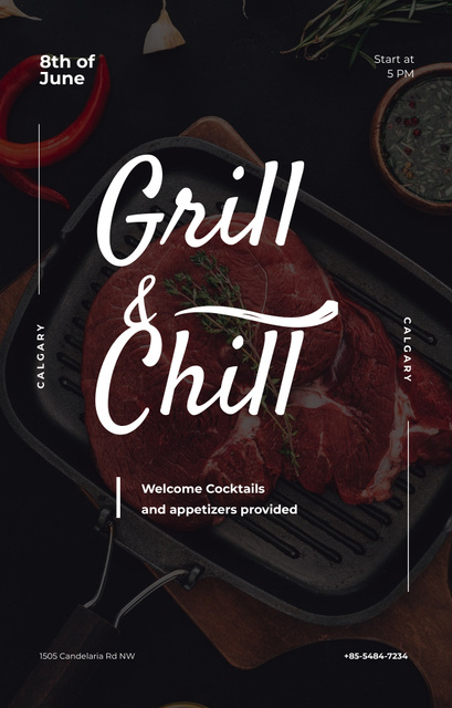 Lovely Raw Meat Steak On Grill Party Invitation 4.6x7.2in Design Template