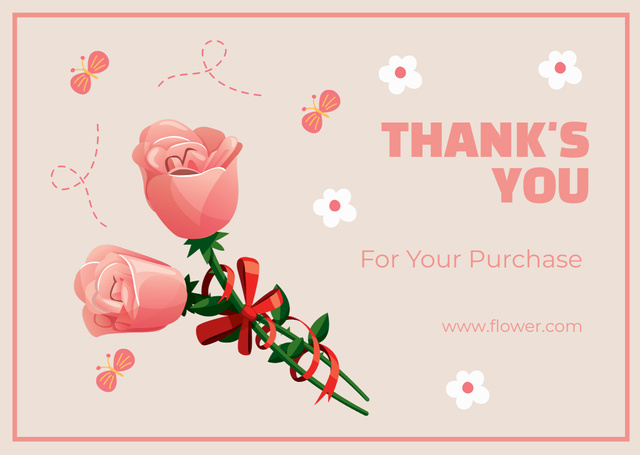 Thank You For Your Purchase Message with Pink Roses Card Modelo de Design