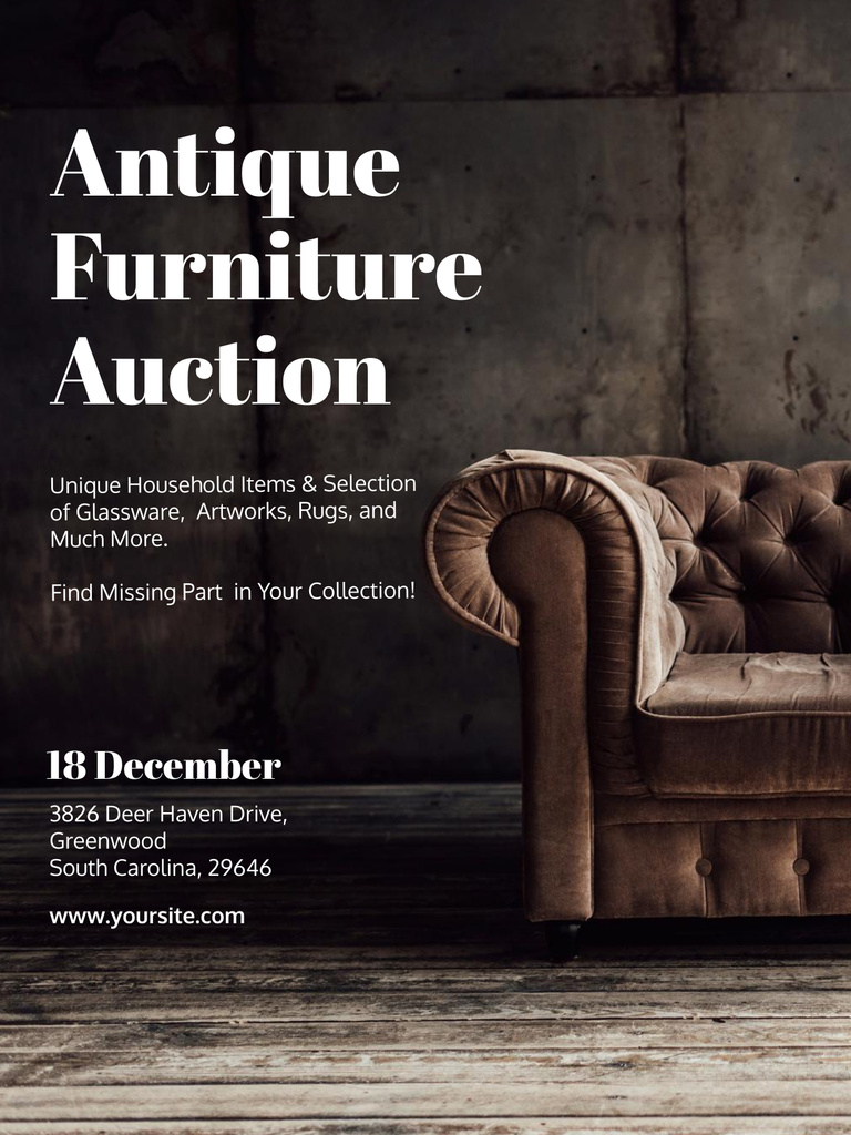 Antique Furniture Auction Luxury Yellow Armchair Poster US Šablona návrhu