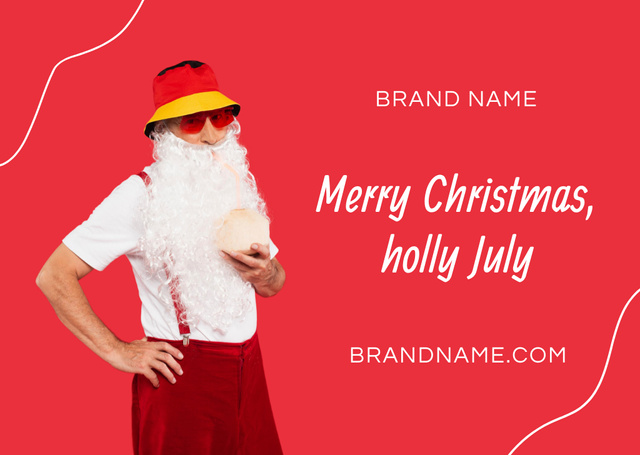 Cute Man in Santa Costume Holding Coconut Cocktail Card Design Template