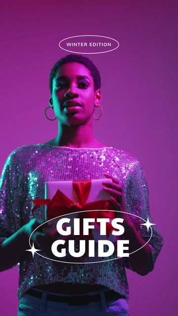 Gift Guide Offer with Cheerful African American Woman Instagram Video Story Πρότυπο σχεδίασης