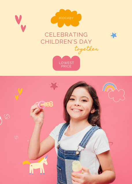Children's Day With Soap Bubbles in Pink Postcard 5x7in Vertical Tasarım Şablonu
