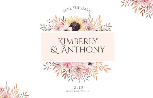Wedding Announcement with Retro Flowers Invitation 4.6x7.2in Horizontal Design Template