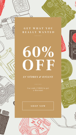 Cyber Monday Offer with Vintage cameras pattern Instagram Story Design Template