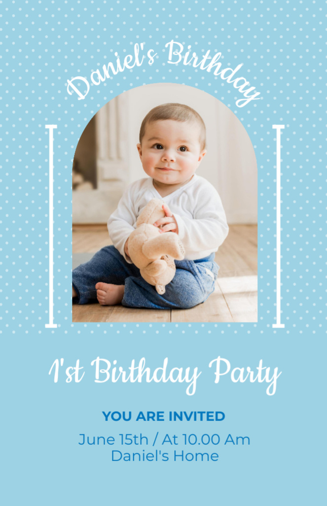 Designvorlage Kid's Birthday Celebration on Blue with Little Baby für Invitation 5.5x8.5in