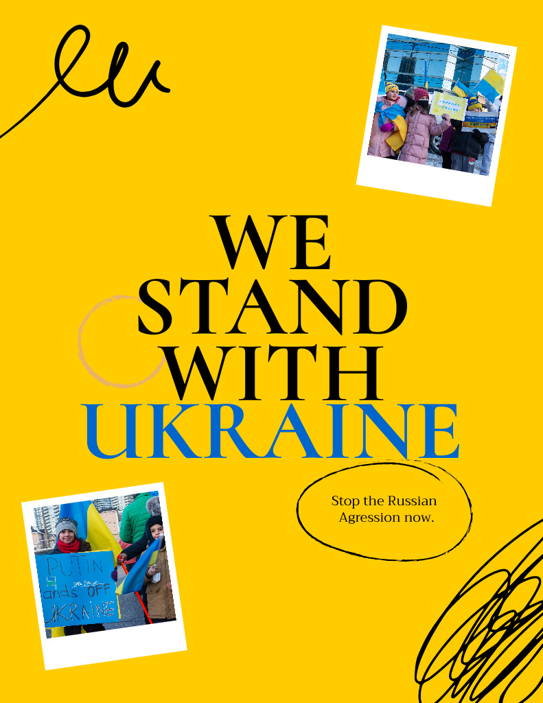 We Stand with Ukraine Quote with Photos on Yellow Flyer 8.5x11in – шаблон для дизайну