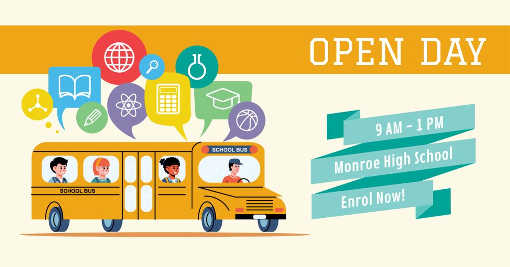 High school open day Ad with Yellow School Bus Facebook AD Modelo de Design