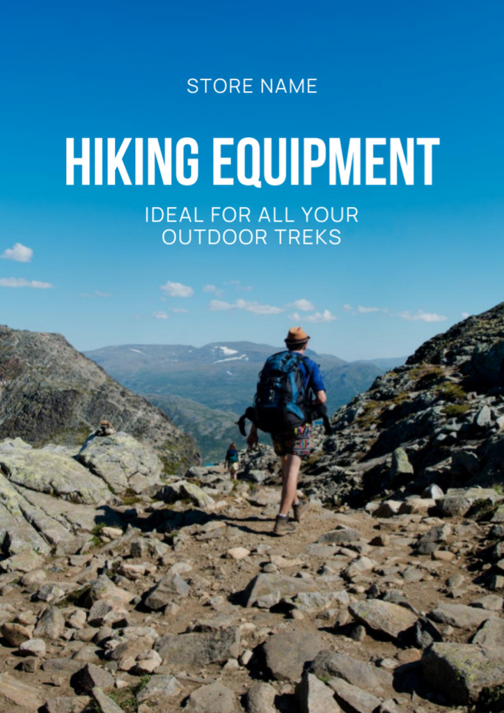 Szablon projektu High Quality Hiking Equipment Sale Offer with Tourist in Mountains Flyer A4