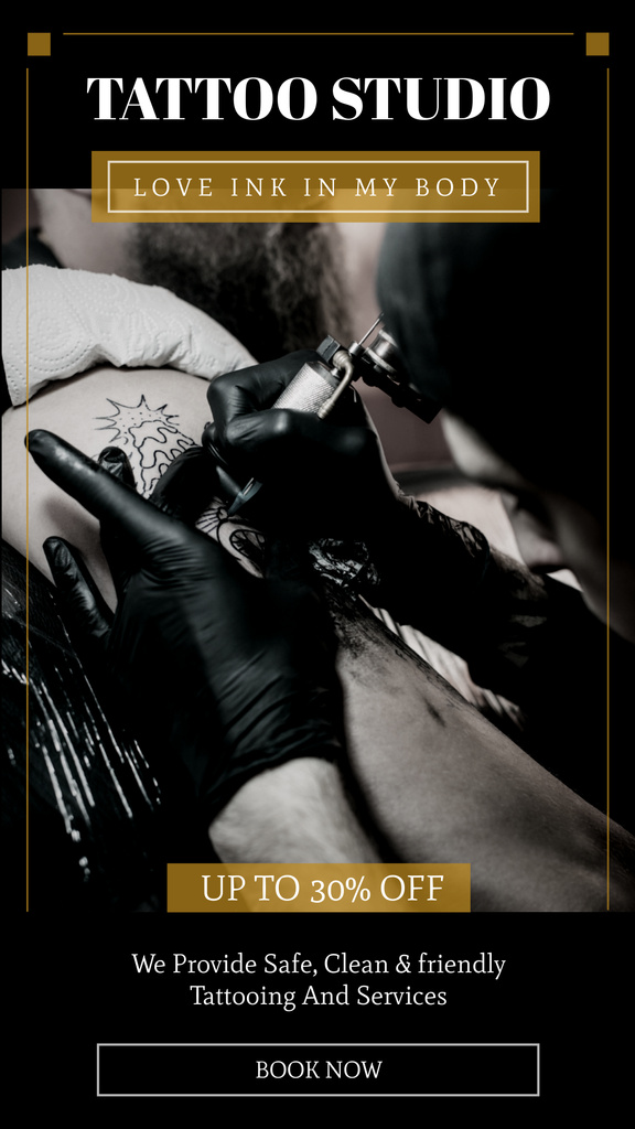 Designvorlage Safe And Friendly Tattoo Studio Service With Discount für Instagram Story