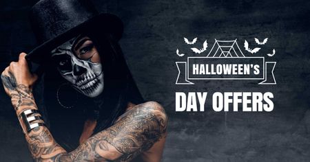 Platilla de diseño Halloween Offer with Woman in Scary Makeup Facebook AD