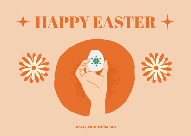 Modèle de visuel Happy Easter Message with Female Hand Holding Colored Egg - Card