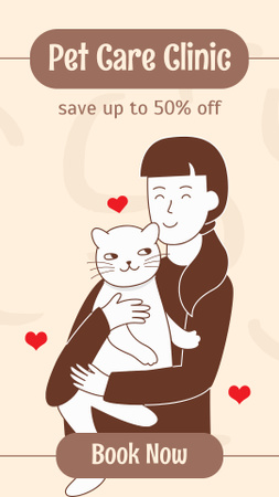 Lemmikkien hoitoklinikan mainos, jossa nainen pitelee kissaa Instagram Story Design Template