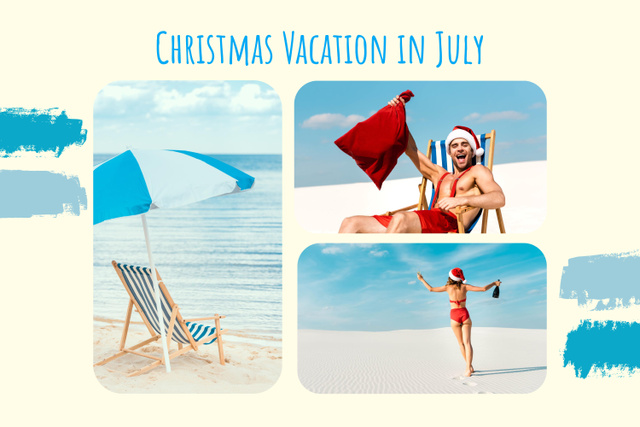 Christmas Vacation in July with Young Couple on Sea Beach Mood Board Design Template