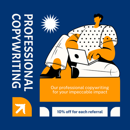 Designvorlage Anzeige für professionelle Copywriting-Dienste mit einem Mann, der auf einem Laptop tippt für Animated Post