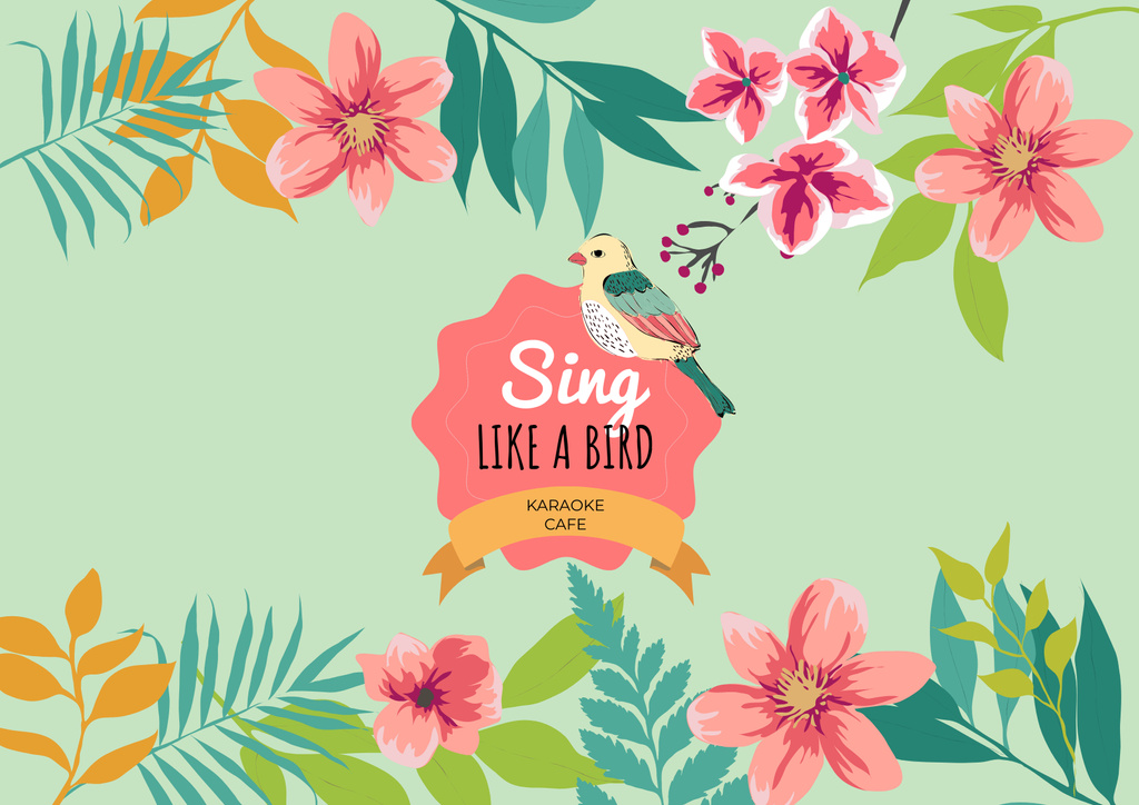 Karaoke Cafe Ad with Cute Bird and Pink Flowers Poster A2 Horizontal – шаблон для дизайна