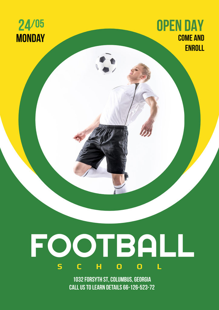 Football School Ad with Boy playing with Ball Poster Design Template