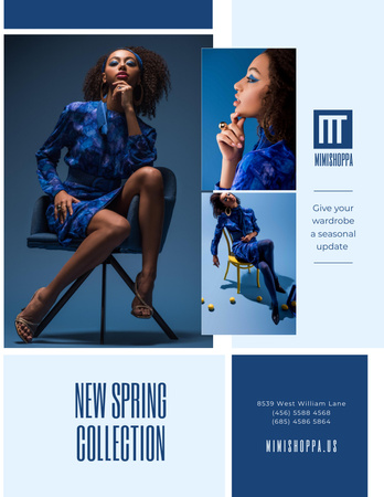 Fashion Collection Ad with Stylish Woman in Blue Poster 8.5x11in Design Template