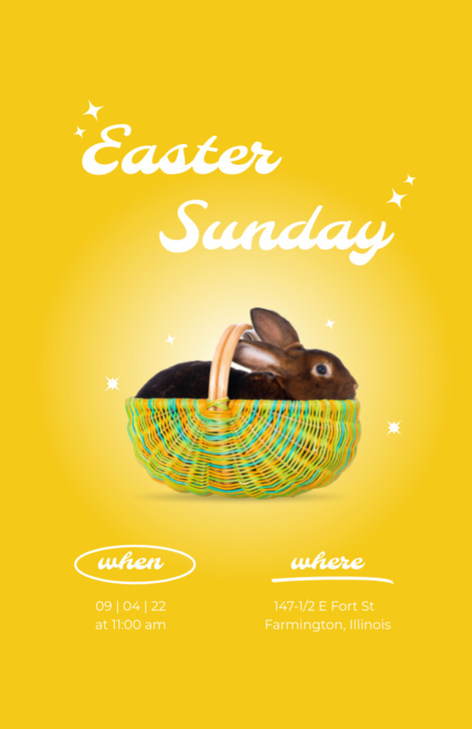 Easter Sunday Service Announcement on Bright Yellow with Cute Rabbit Invitation 5.5x8.5in Design Template