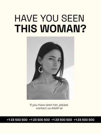 Eltűnt nő bejelentése fekete-fehér háttérrel Poster US tervezősablon