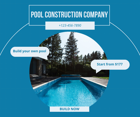 Modèle de visuel Promotion de l'entreprise de construction de piscines en bleu - Large Rectangle