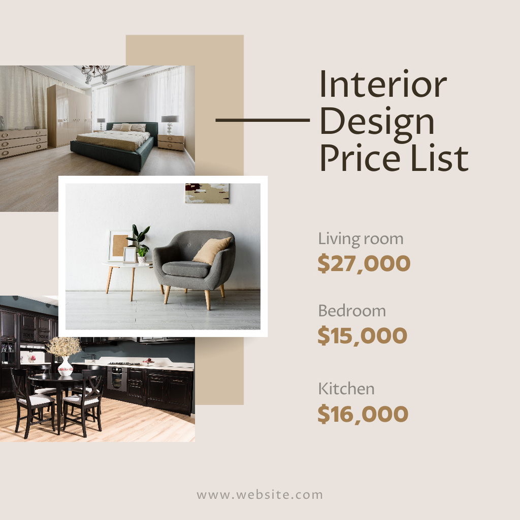 3D Interior Design Price List With Various Room Designs Instagram – шаблон для дизайну