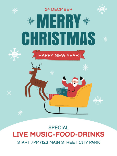 Christmas and New Year Celebration Announcement with Santa in Open Sleigh Poster US Modelo de Design