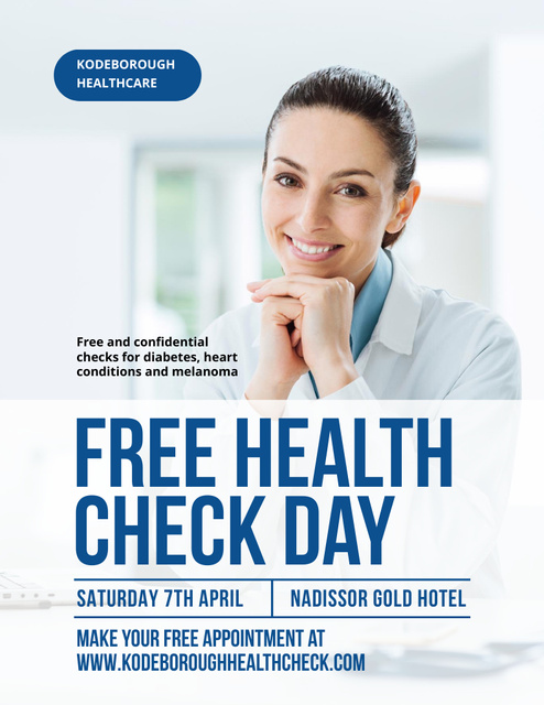 Free Health Check with Smiling Doctor Poster 8.5x11in Design Template