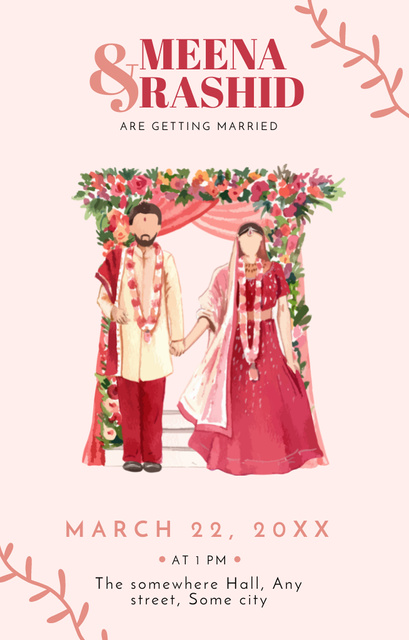 Ontwerpsjabloon van Invitation 4.6x7.2in van Wedding Invitation with Cute Indian Couple in Traditional Dress