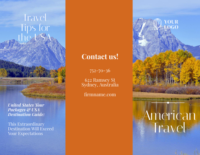 Travel Tour to USA with Beautiful Mountain Lake Brochure 8.5x11in Design Template