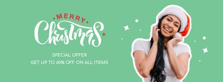 Modèle de visuel Christmas Promotion With Happy Woman in Santa Hat - Facebook cover