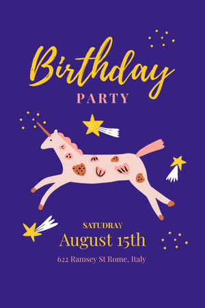 Plantilla de diseño de Birthday Party Announcement with Cute Unicorn Invitation 6x9in 