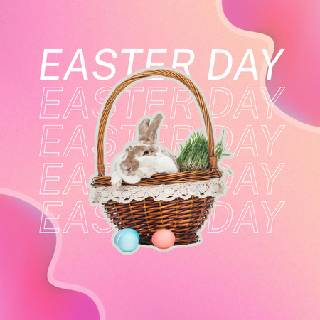 Velikonoční den zpráva s nadýchaným králíkem v košíku Instagram Šablona návrhu