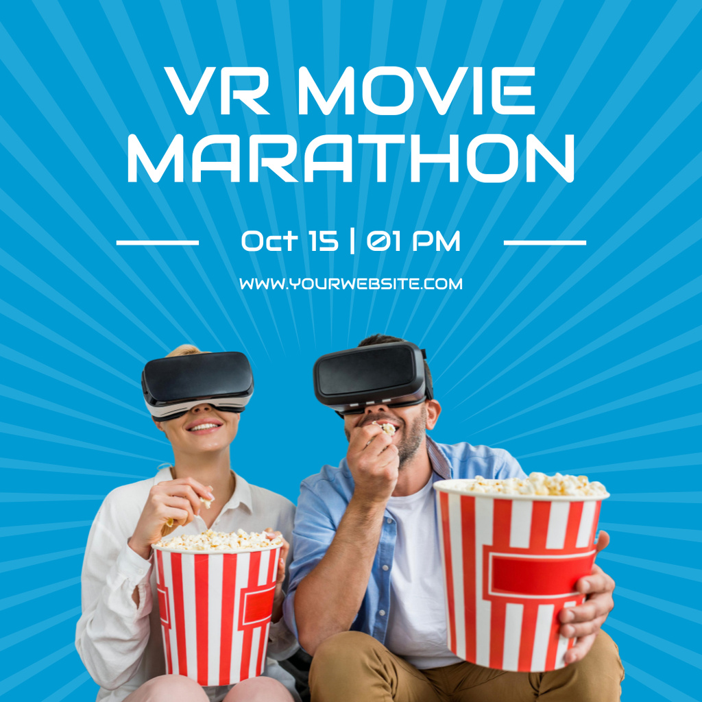 Virtual Reality Movie Marathon Ad with Couple in VR Glasses Instagramデザインテンプレート