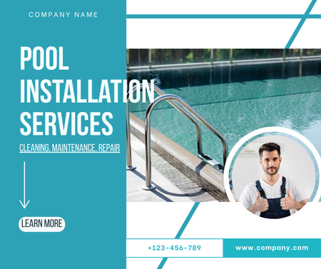 Designvorlage Swimming Pool Installation Service Offer with Young Man für Facebook