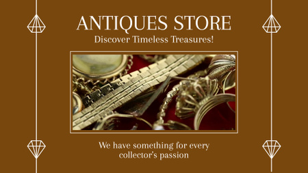 Designvorlage Goldene Schmuckkollektion im Angebot eines Antiquitätenladens für Full HD video