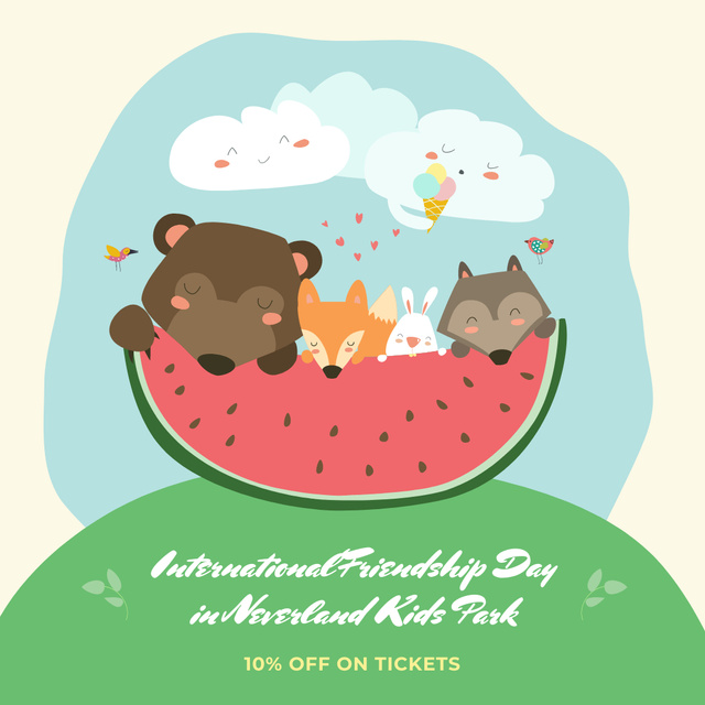 International Friendship Day in Kids Park offer with funny animals Instagram ADデザインテンプレート