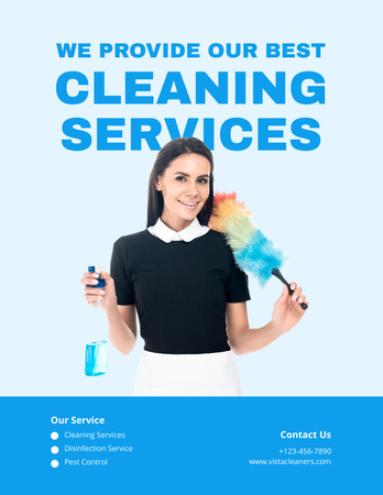 tisztítási szolgáltatás ajánlat a nő porkefével Flyer 8.5x11in tervezősablon