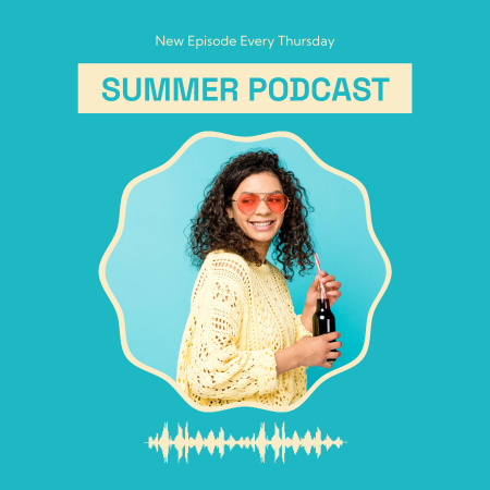 Platilla de diseño Summer Podcast with Woman in Red Sunglasses Podcast Cover