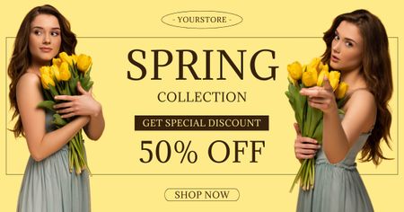 Szablon projektu Spring Sale with Young Woman with Tulips in Yellow Facebook AD